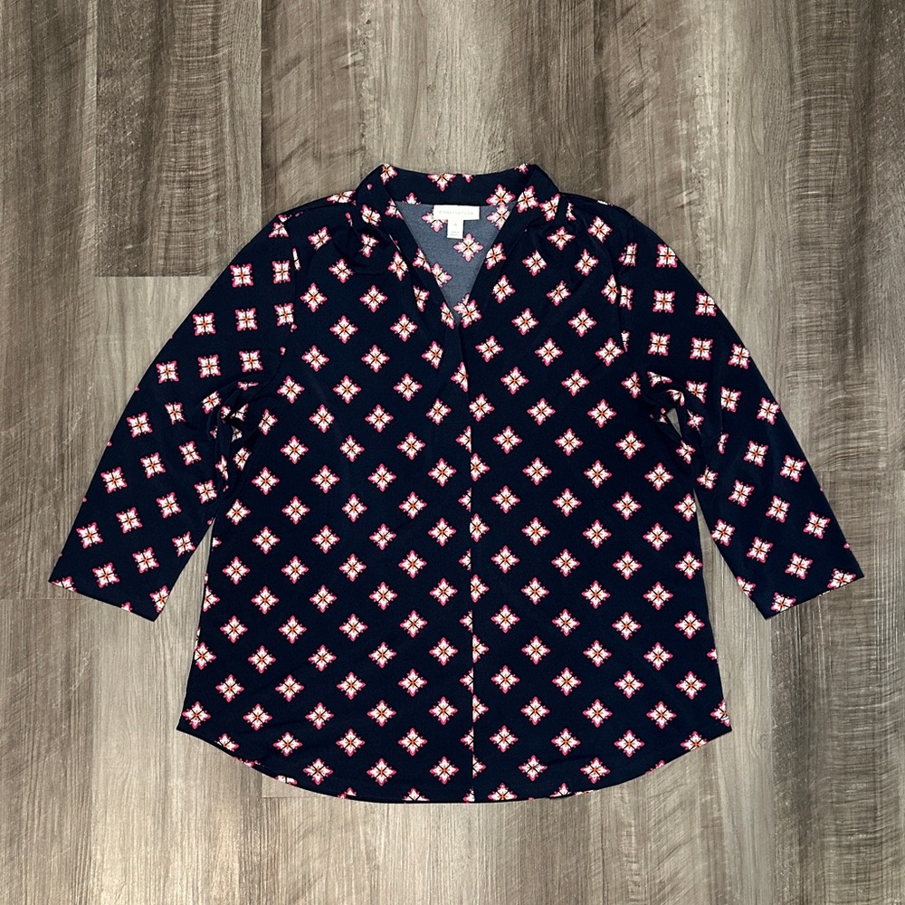 Charter Club Three Quarter Sleeve V Cut Geo Print Top - Petite Large
